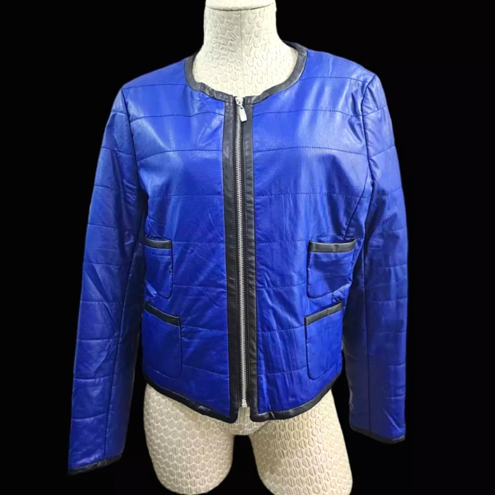 Peter Nygard 12 Quilted Faux Leather Jacket Blue Black Moto Biker‎ Coat GUC